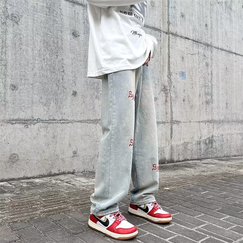 夏季百搭拖地裤美式复古牛仔裤男潮牌刺绣宽松直筒裤 K4094-P38图片