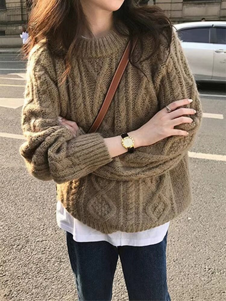 慵懒风复古加厚套头毛衣女秋冬新款宽松圆领麻花外穿针织衫,针织衫/毛衣,半城羊绒