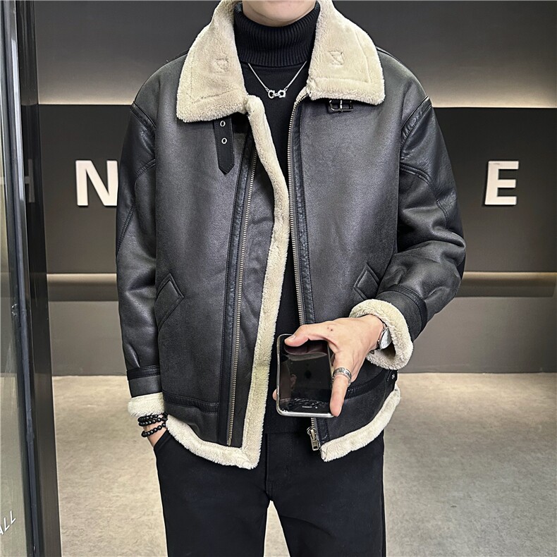 模特图冬季保暖外套皮毛一体加厚夹克羊羔毛外套白底8907p215，男装夹克，电商A203-1