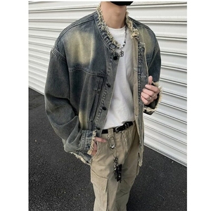 美式复古泥染做旧毛边牛仔外套男春秋季潮牌小众水洗宽松翻领夹克