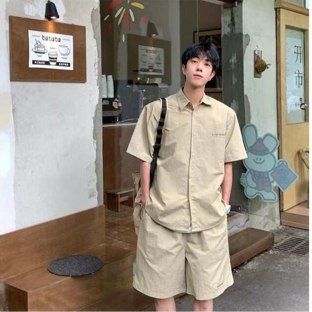 W9790-P58 网图现货 日系少年感穿搭男生工装套装夏季衬衫短袖图片