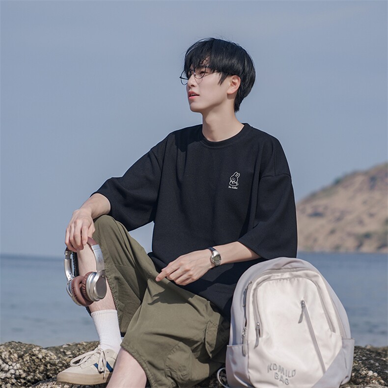 华夫格短袖男T恤潮流百搭青少年宽松休闲日系B225-T9235-P28-X39,男装T恤,电商B225