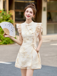 新中式国风短裤套装女夏季高级感复古刺绣改良旗袍时尚洋气两件套图片