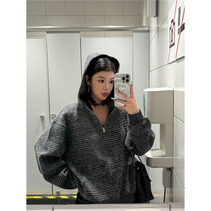 2025新款美式复古条纹拉链开衫连帽卫衣男女宽松休闲百搭情侣外套图片