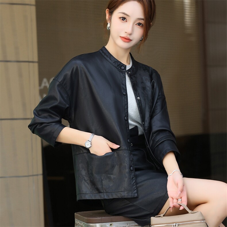 皮衣外套女春秋季2024新款高级设计感圆领百搭休闲复古提花皮夹克,女装皮衣,欧兰熙