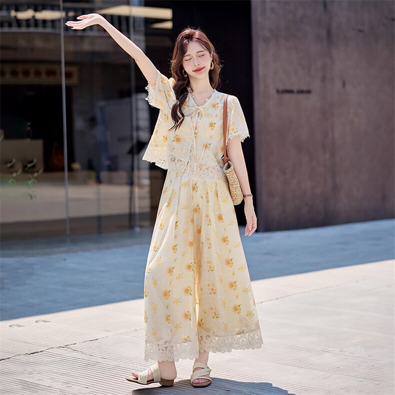 法式蕾丝拼接绣花套装女2025夏新款时尚洋气少女感V领上衣阔腿裤,女装套装/套裙,水衣源