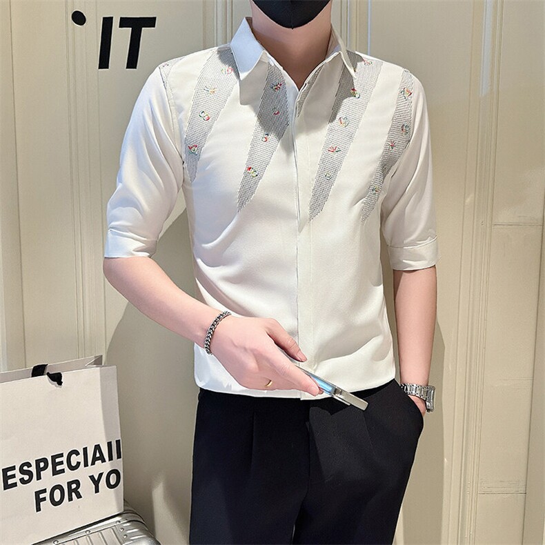 店主风社会小伙男绣花七分袖衬衫男日常休闲衬衣301A-1/CS568/P55,男装衬衫,星座301A-1