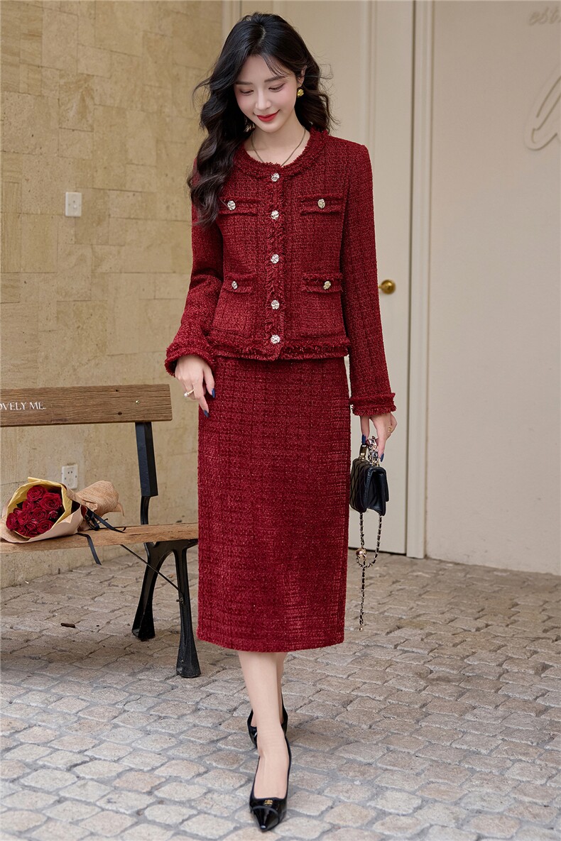 【小香bao款现货】2026新款秋冬新娘敬酒服粗花呢法式套装含羊毛,女装套装/套裙,雅静靓衣