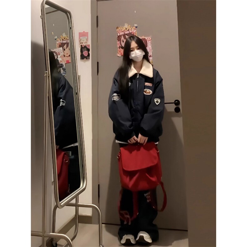 网络图现货美式潮牌羊羔绒翻领加绒加厚慵懒情侣棒球服JM801-P65,女装职业装,星座715-7