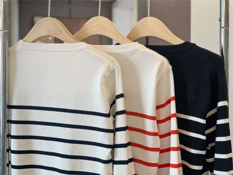 毛衣女洋气针织衫秋冬季宽松条纹简约打底衫，女装针织衫/毛衣，沐策羊绒