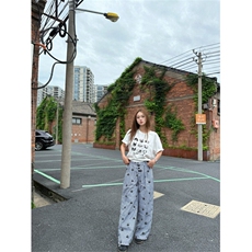 XZ-221-1/K71/P55美式排扣直筒裤蓝色格纹花朵刺秀休闲裤，男装休闲裤，星座221-1