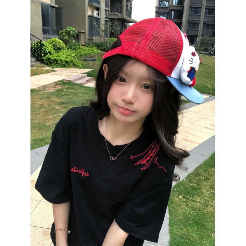 H0829-P35刺绣工艺螺纹领+包边拉肩休闲宽松短袖T恤图片