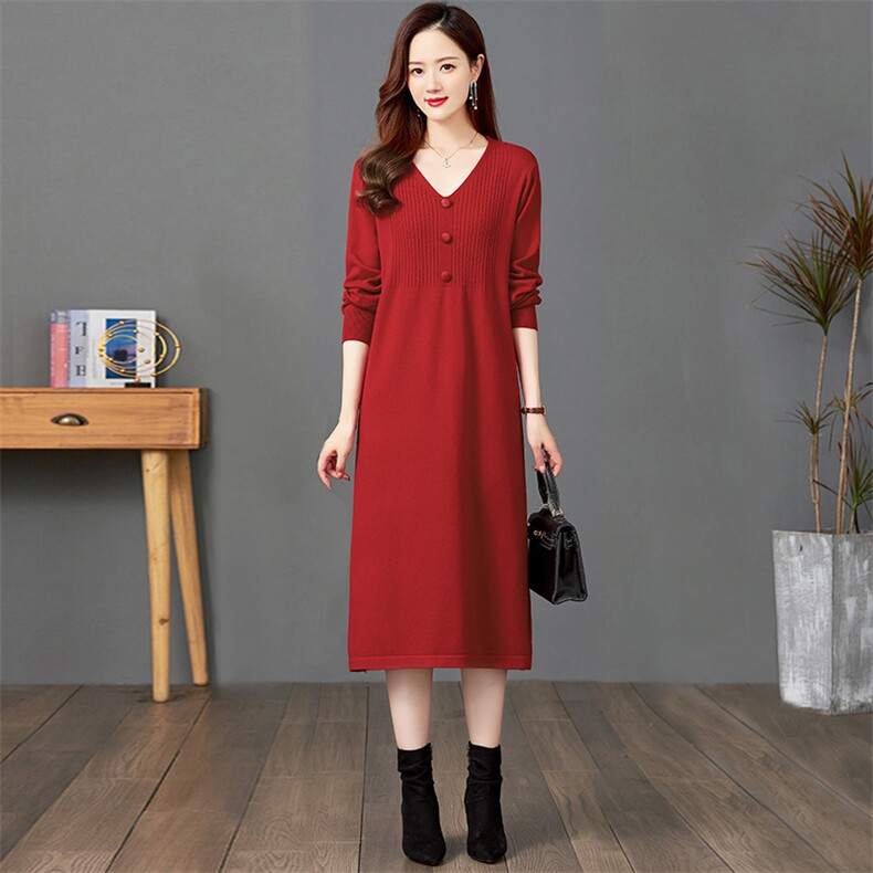针织羊毛连衣裙2025秋冬新款时尚宽松大码中长款中年妈妈毛衣裙女，女装羊毛衫，艾米