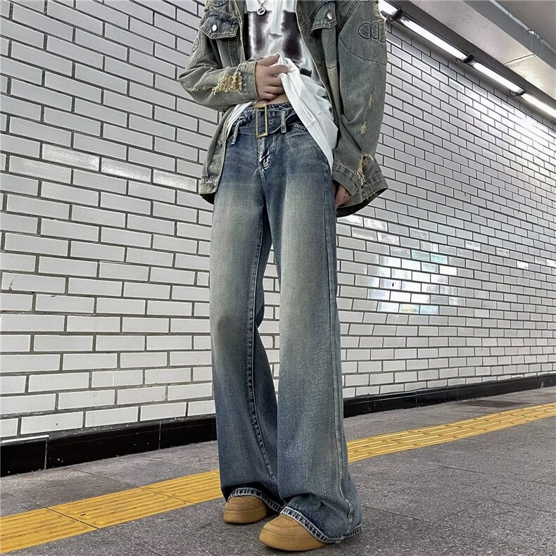 美式复古微喇叭牛仔裤女秋季2024年新款风阔腿裤秋装,男装牛仔裤,星座716-4