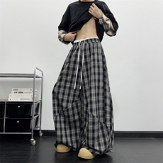 港风秋款男女千鸟格休闲裤双裤头条纹格子阔腿褶皱长裤h8048P50，男装休闲裤，星座1013-1