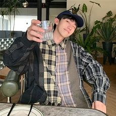 潮美式复古拼接格子休闲衬衫男女长袖潮牌街头C09-P42，男装衬衫，星座1109-3