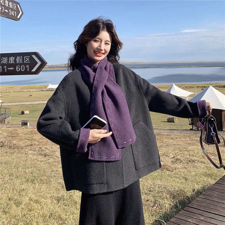 复古撞色双面羊绒大衣女2025秋冬新款独特别致小个子百搭毛呢外套,女装毛呢外套,慧尚2-185
