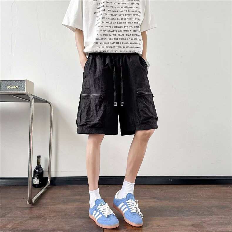 原宿新款潮流气质工装褶皱尼龙大口袋五分休闲裤男无品牌慵懒文艺，男装工装外套，星座813-2