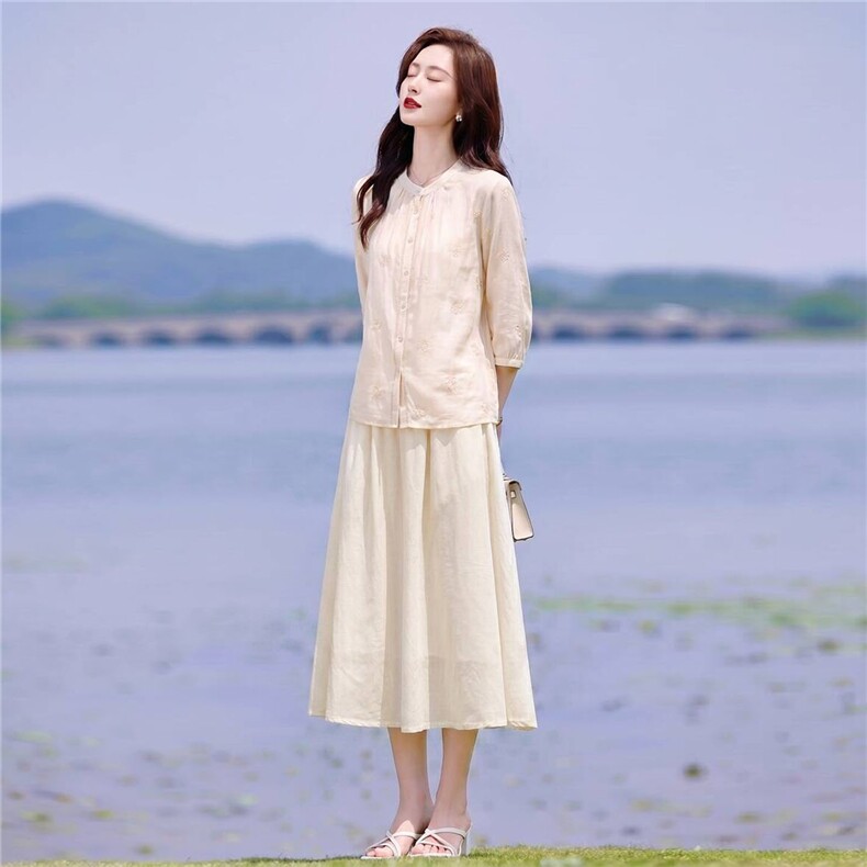 2026年夏季现货时尚宽松苎麻绣花上衣半身裙两件套套装,商品下架区,靓衣阁