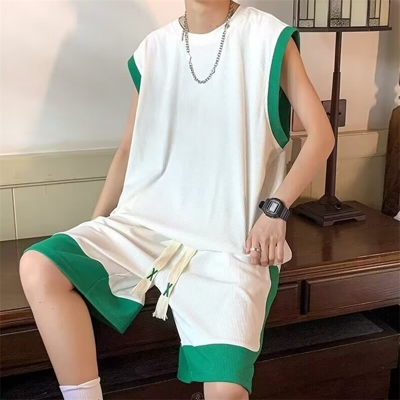W331-P45冰丝运动套装2025夏季男生酷帅一套休闲短裤背心两件套,男装牛仔裤,星座911-1