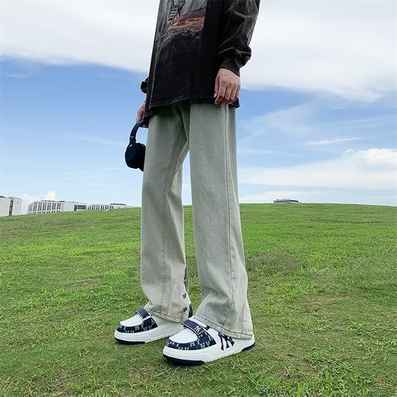 美式高街裤子潮牌拉链开叉黄泥牛仔裤男喇直筒裤GN3208-P45,男装牛仔裤,星座1001-1