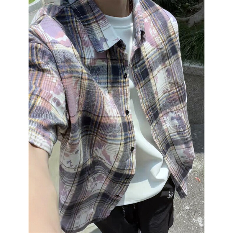 牛油果绿色扎染格子衬衫男款高级感早秋外套cleanfit格纹长袖衬衣图片