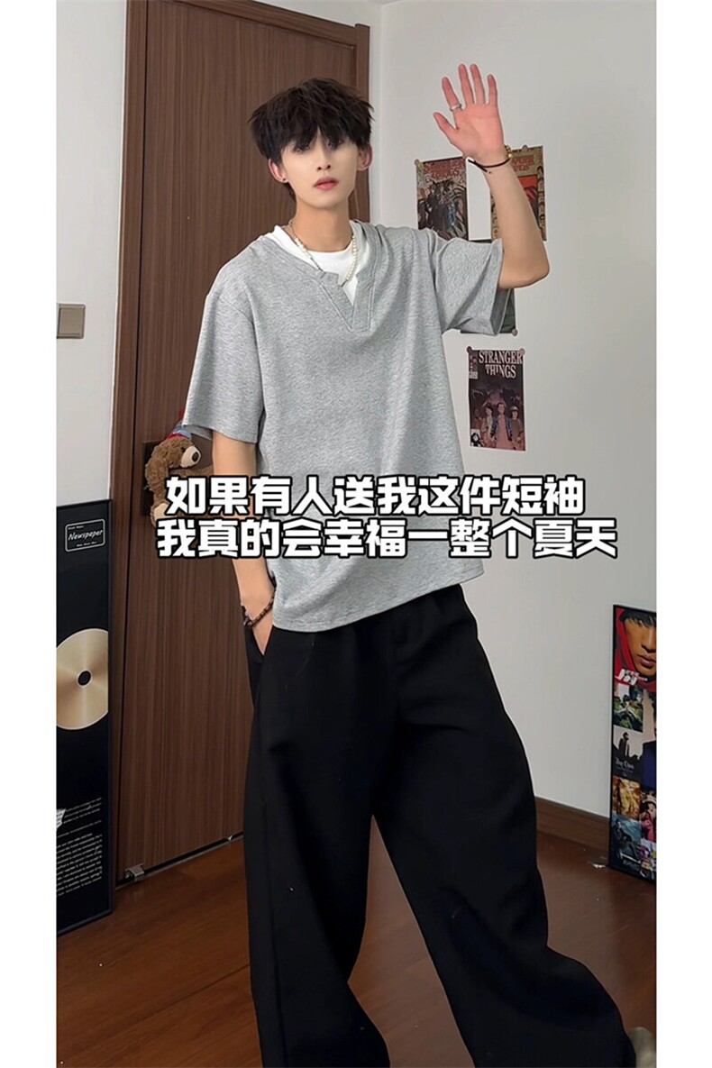 250克高品质面料打造小众设计的假两件短袖潮牌上衣HY735TP38控68,男装T恤,电商A102B