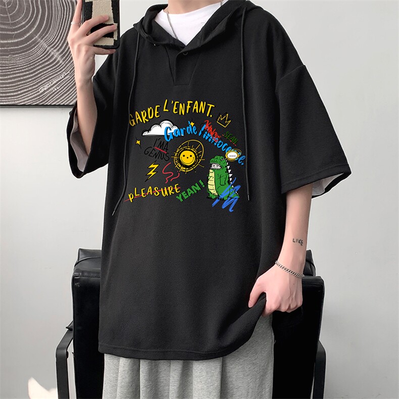 LD54219-P45连帽短袖t恤男大码胖子带帽五分袖中袖大皂风,男装T恤,电商A040