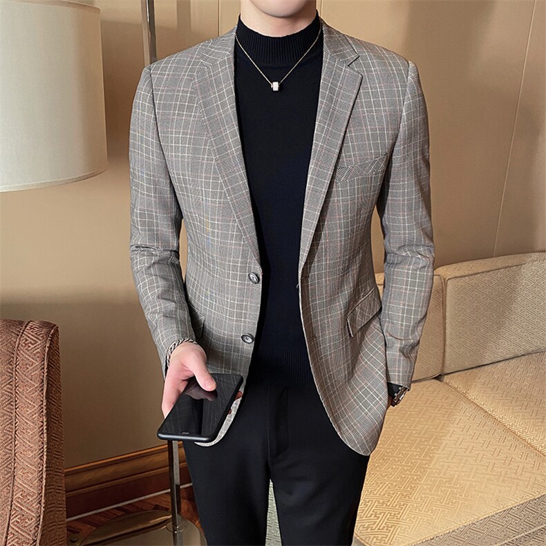 2021春新款西装男士复古格子西装西服西外套805-，男装西服，电商D225