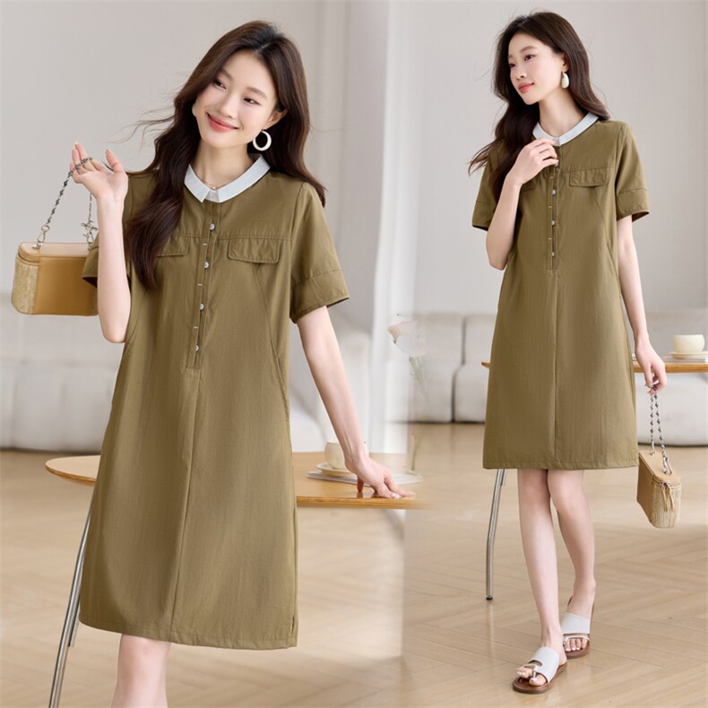 青色高级感气质连衣裙女2026夏季新款收腰显瘦中长款休闲衬衫裙子，女装连衣裙，简韵佳