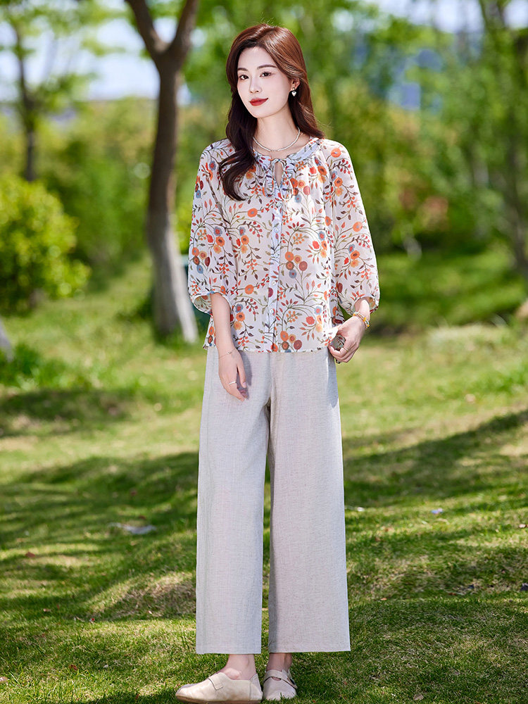 时尚休闲气质衬衫套装女2025夏新款宽松减龄显瘦亚麻阔腿裤两件套,女装套装/套裙,靓衣阁