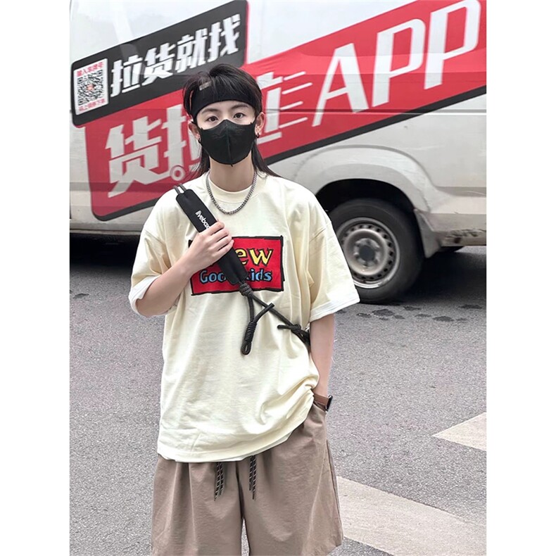 抖音得物供货210克宽松纯棉美式潮牌印花宽松落肩袖纯棉T恤AT2152,男装T恤,电商A443