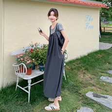 法式甜美盐系背带长裙女2025夏季新款显瘦减龄短款T恤，女装连衣裙，2C129