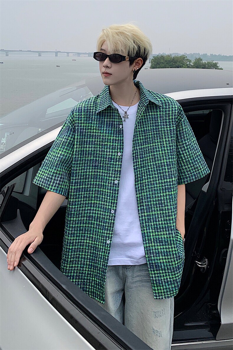 B221美式ins高街宽松薄款泡泡格短袖衬衫SY2548-特P35控59,男装衬衫,电商B221