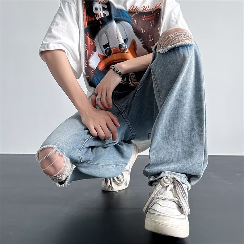 欧美高街hiphop裤子男痞帅高级感水洗蓝色破洞牛仔裤 B6012 P40图片