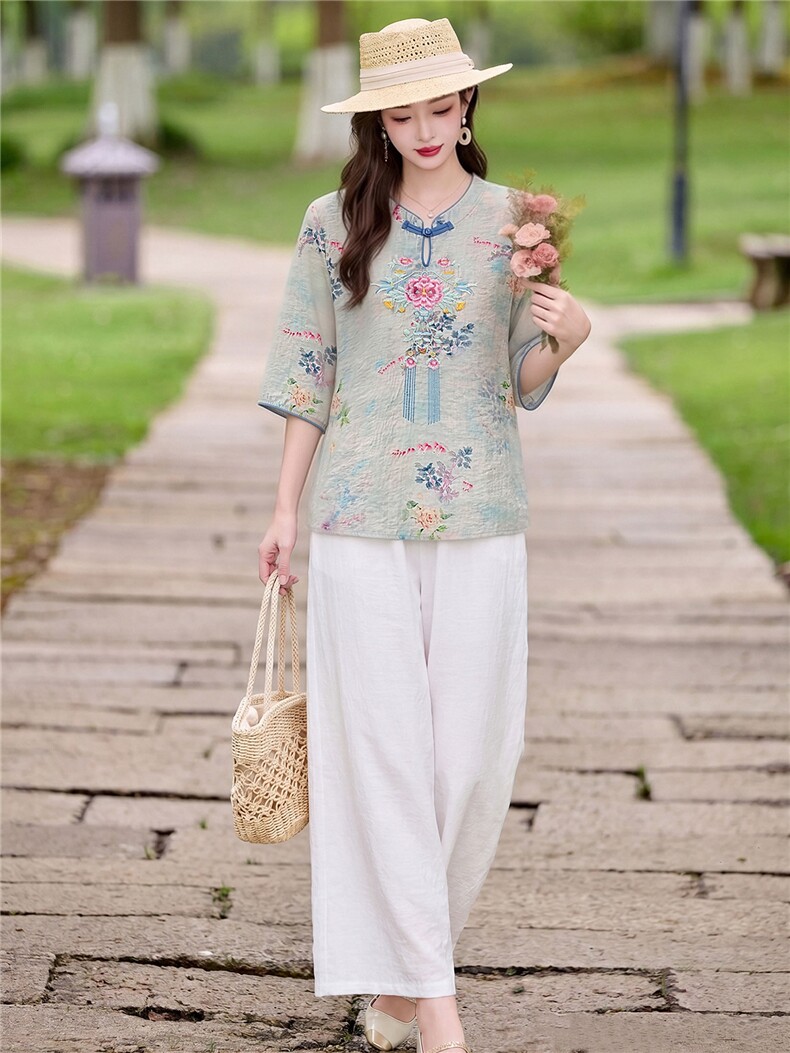 现货主推休闲时尚短袖套装女新款穿搭一整套新中式刺绣两件套,女装套装/套裙,韩蔻秀