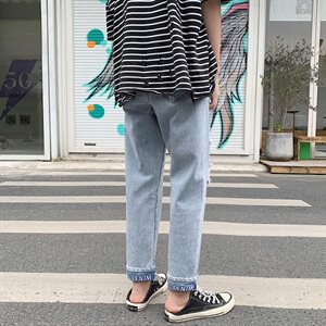 港风破洞牛仔裤男士潮牌九分宽松直筒韩版潮流ins乞丐裤921图片