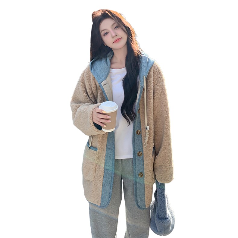 撞色拼接连帽羊羔毛外套女2025冬季新款韩系学院风小个子加厚棉服,女装皮草,天使之佳话