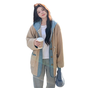 撞色拼接连帽羊羔毛外套女2025冬季新款韩系学院风小个子加厚棉服图片