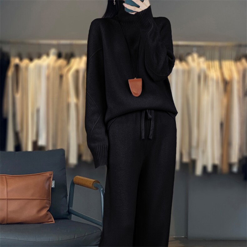 时尚气质百搭简约潮流高领镂空羊毛两件套，女装套装/套裙，隆格羊绒
