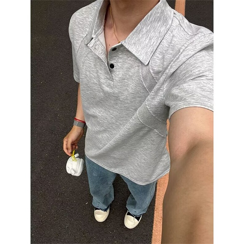 纯黑色短袖polo衫男女夏季高级感痞帅翻领t恤美式重磅正肩五分袖,男装T恤,星座506A