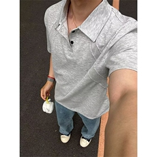 纯黑色短袖polo衫男女夏季高级感痞帅翻领t恤美式重磅正肩五分袖，男装T恤，星座506A