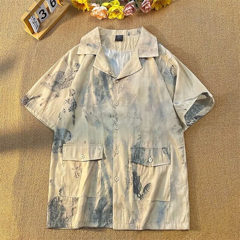 2026年夏季新款美式扎染新中式复古宽松潮牌翻领短袖衬衫男女C447,男装衬衫,星座601-2