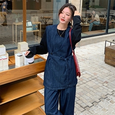 深蓝色不规则松弛感牛仔马甲套装女秋季新款港风轻熟阔腿裤两件套，女装套装/套裙，浙宝305
