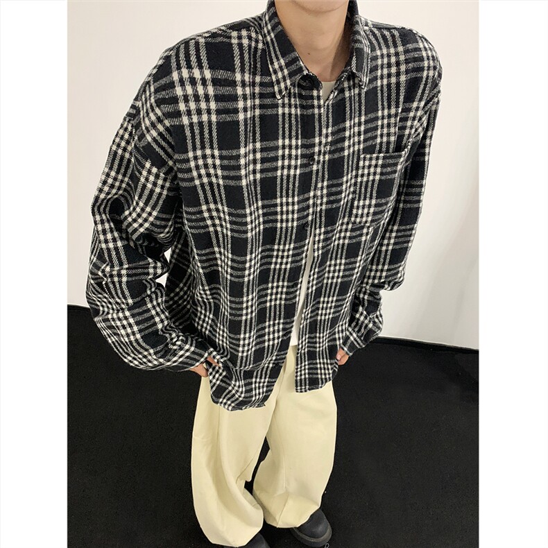 现货~磨毛格子大码长袖衬衫C5891/特P25黑色,男装衬衫,电商A094