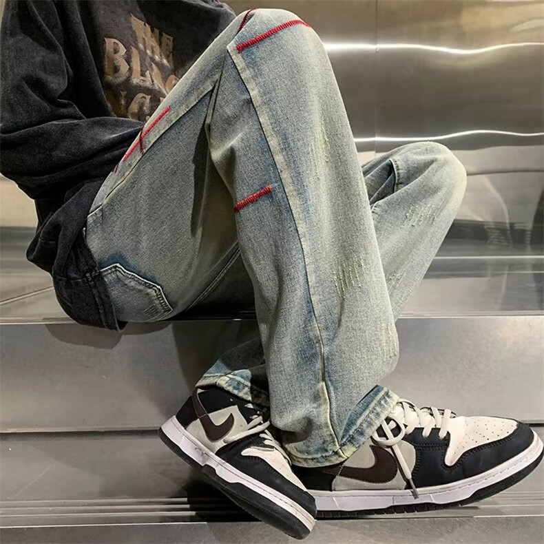 美式做旧牛仔裤男秋冬季直筒裤子高街宽松刺绣阔腿长裤NK2430-P43,男装牛仔裤,星座1008