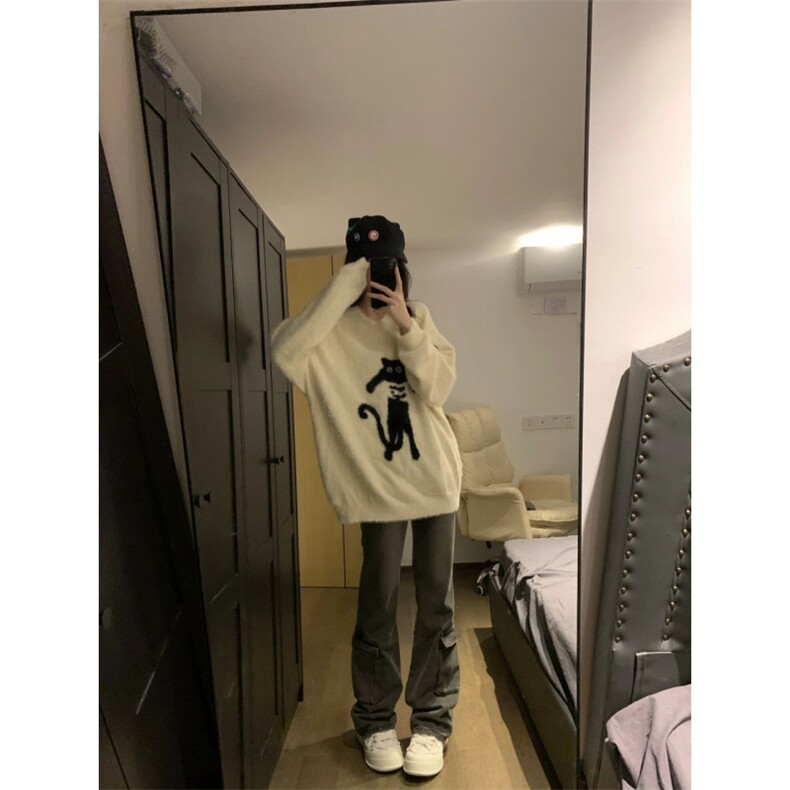 MM146-P68学生秋冬宽松百搭针织日系甜美可爱猫咪提花套头毛衣,针织衫/毛衣,星座617A-2