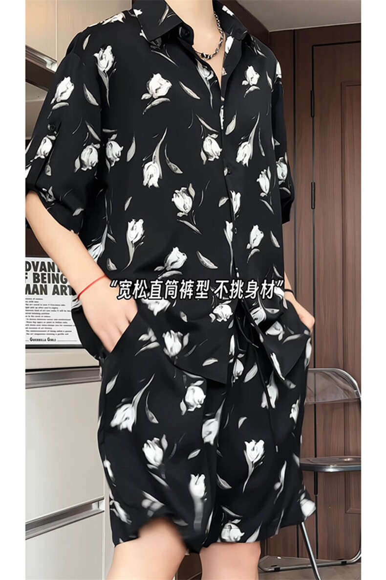 1短袖衬衫男+短裤潮流休闲套装男M-5XL大码TZ78712P50控98模特图,男装牛仔裤,星座226-2
