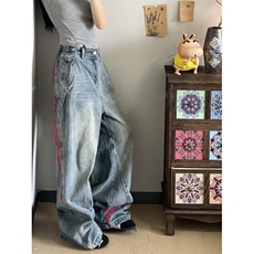 【有货】红色三条杠条纹牛仔裤男宽松直筒阔腿裤子G8512LL-特P55，男装牛仔裤，星座1007（原301D）