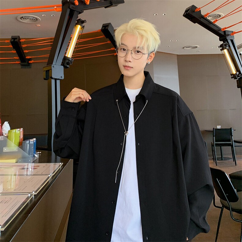 春季项链设计感潮流男士休闲黑色长袖衬衫XZ225-3-CS11-P55控85,男装衬衫,星座225-3
